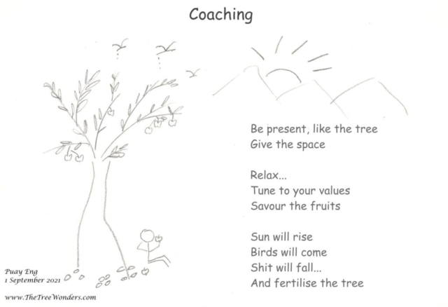 "Be present, like the tree Give the space Relax... Tune to your values Savour the fruits Sun will rise Birds will come Shit will fall And fertilise the tree"